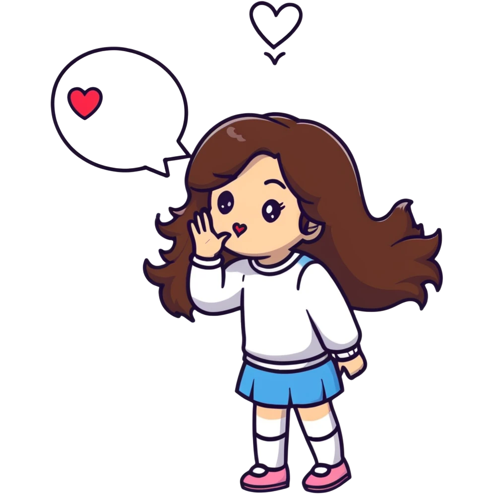 girl with long brown hair blowing a heart kiss emoji