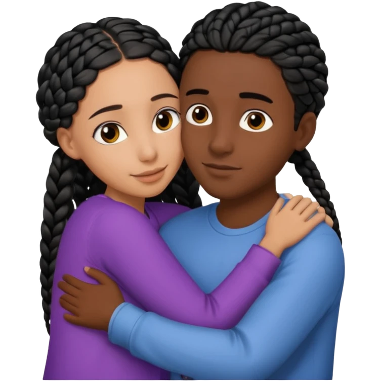 dark skin, black girl with black braids, hugging her middle eastern boyfriend with straight parted brown hair and light skin emoji