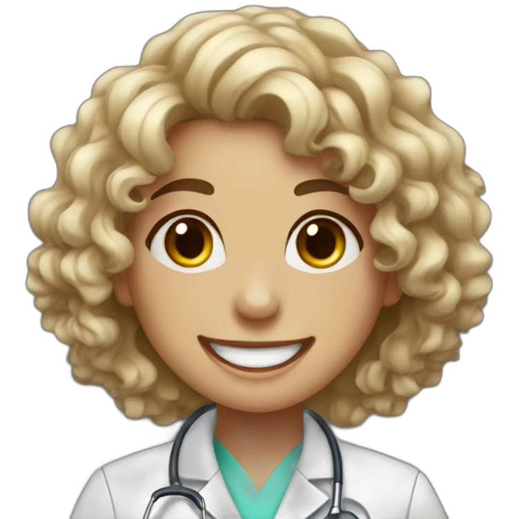 Doctor Girl with curly hair upto her shoulders and mild freckles laughing emoji