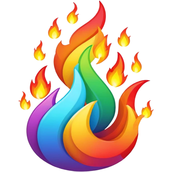 A fire emoji with the colors of the pride flag emoji