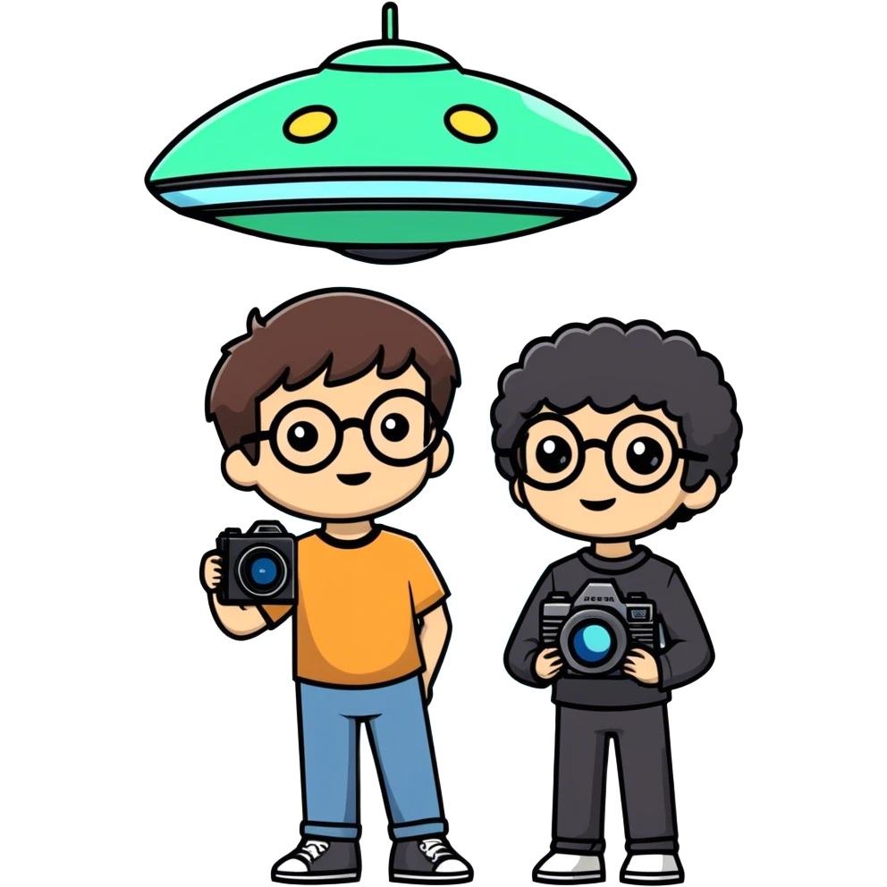A little boy with straight black medium-length hair, white skin, and black eyes wearing black-framed glasses is taking photos on a UFO with a camera. Beside him, there is an alien and a brown round-headed poodle. emoji