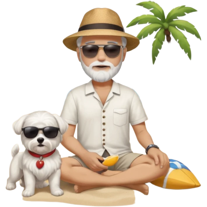 white man grey hair beard holding a white Maltese relaxing on a beach full body emoji