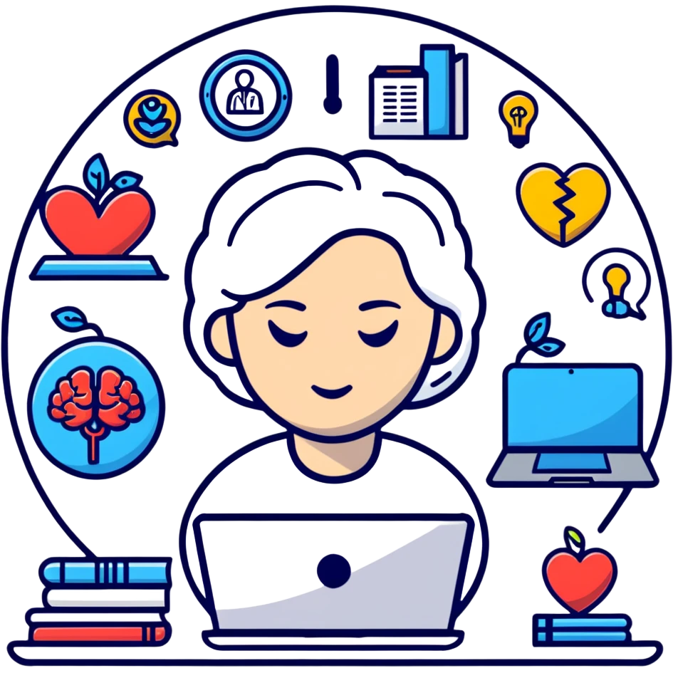 cartoon female psychologist looking tired but determined, laptop and notebook in front, surrounded by psychology icons brain heart mirror, modern and expressive emoji