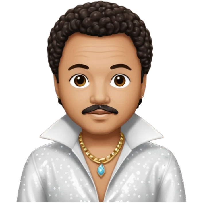 Howard Hewett with dark brown jeri curl hair, white sequin outfit emoji