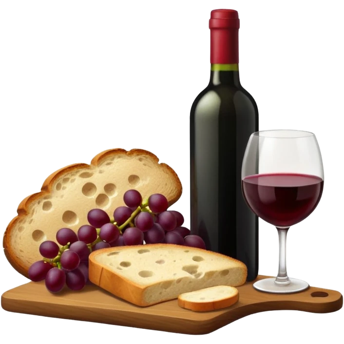 Make me some wine with bread and grapes, Do it on a board, so it looks elegant emoji