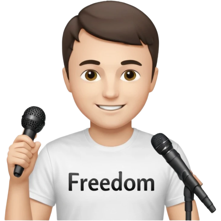 Charlie kirk wearing a white tee shirt that says freedom in plan black text holding a mic emoji