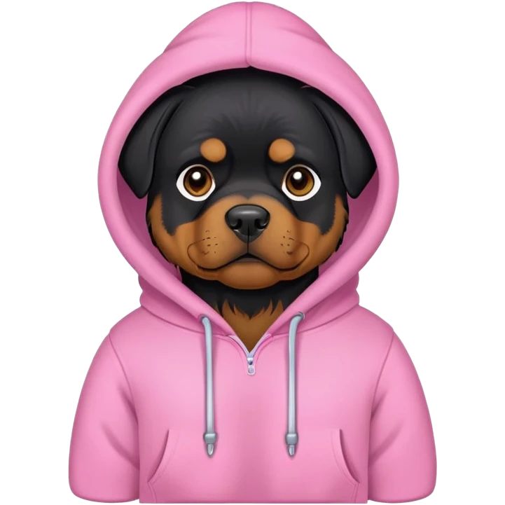 black rottweiler dog wearing a hoodie that’s pink emoji