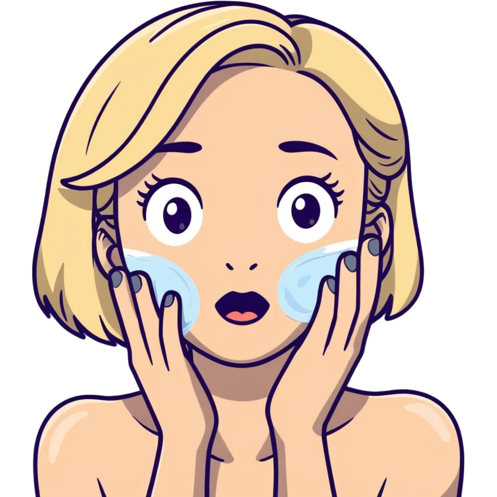blonde girl with grey eyes doing skincare with surprised face emoji
