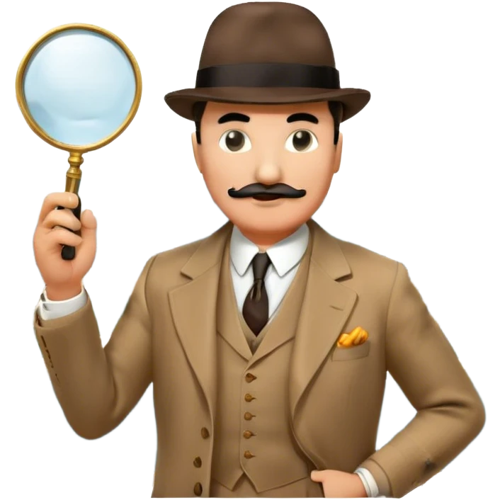 A cinematic-style frame showing Hercule Poirot in his iconic suit with a magnifying glass in a dramatic detective pose. Background should be mysterious city, a board with photos of suspects, clues like fingerprints. Transparent background. emoji