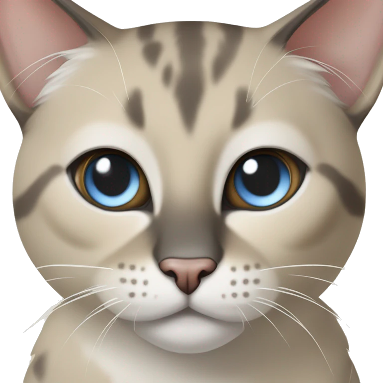 Thai breed adult cat with a light cream-brown body, dark gray nose and face, ears, and paws. sharp ears, and striking light blue eyes  emoji