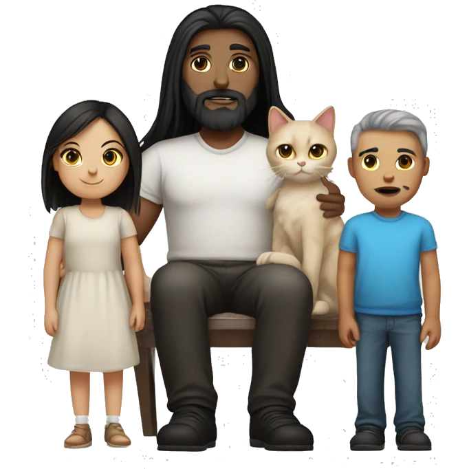 Black long hair mum and bald white bearded dad, one long brown hair girl, one black and white cat  emoji