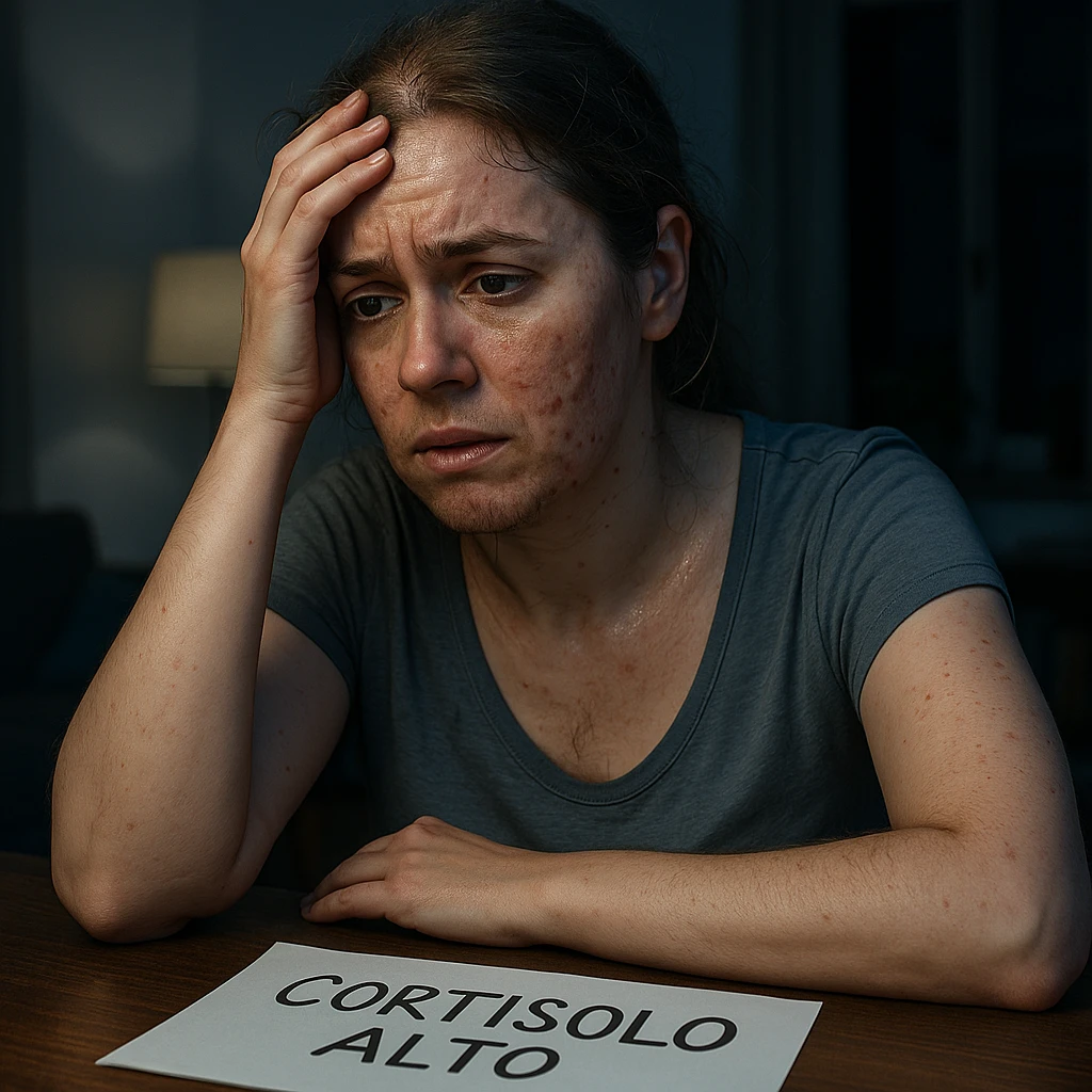 hyperrealistic 4K detailed image of a woman with PCOS and high cortisol, face with acne, chin hair, thin hair, very stressed expression, sweating on forehead, sheet with 'CORTISOLO ALTO' written on the table, nighttime home environment, blue light emoji