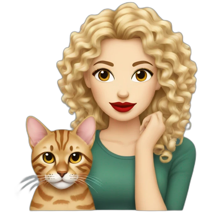 Pretty-curly-blonde-woman-red-lips-with-bengal-cat emoji