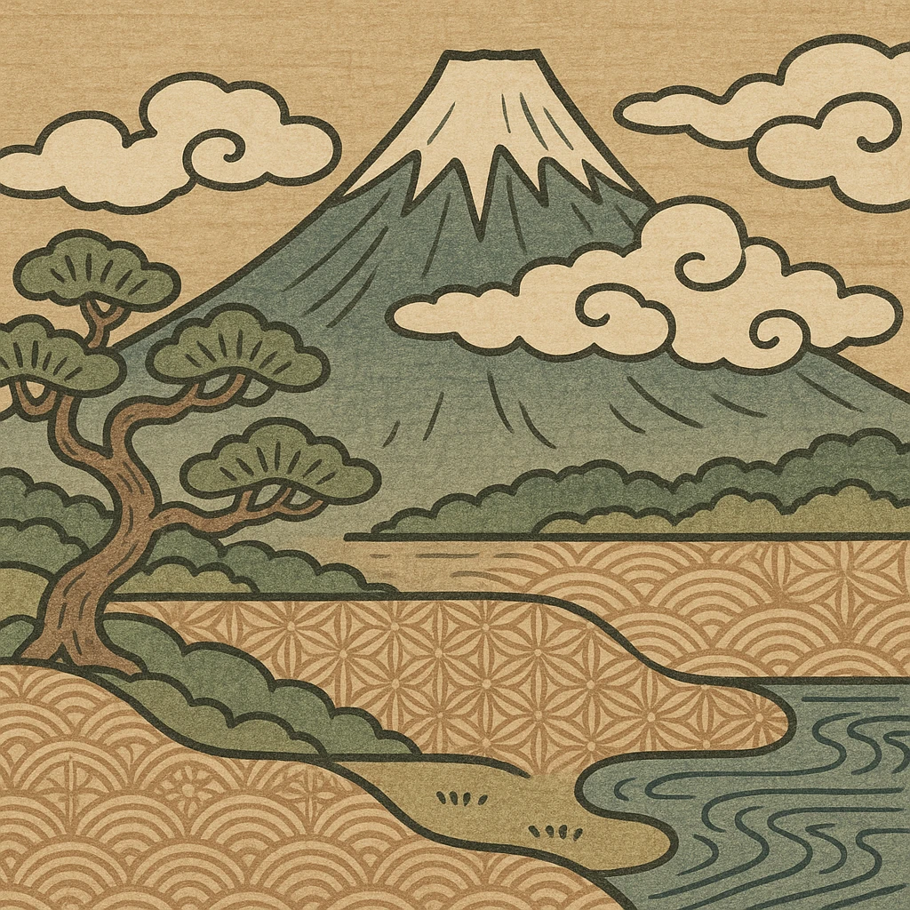 Mount Fuji with clouds, ukiyo-e style illustration emoji