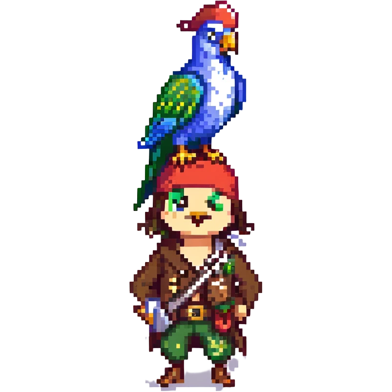 a pirate with a parrot on his shoulder, pixel art style emoji