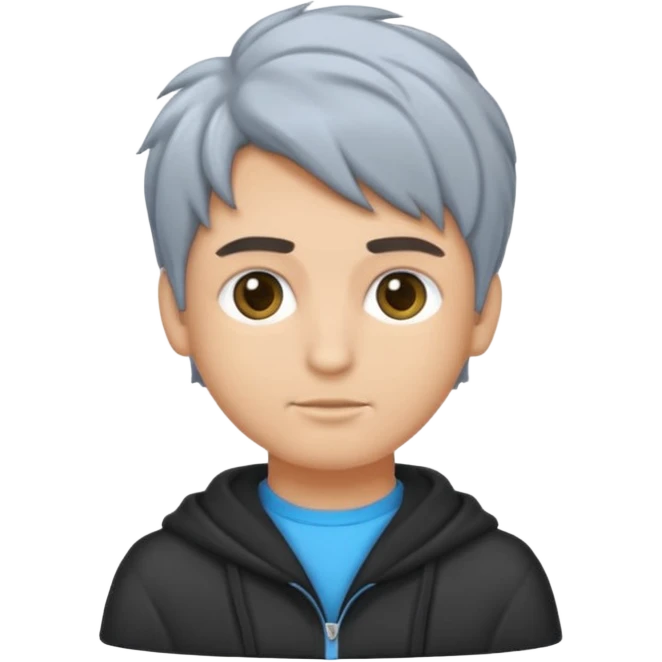 Crea un emoji a mezzo busto come ti ho già chiesto però di un ragazzo sulla 20ina ma che sembri più giovane, vestito con una felpa grigia. Occhi azzurri, capelli neri con il ciuffo davanti un po bagnato. emoji