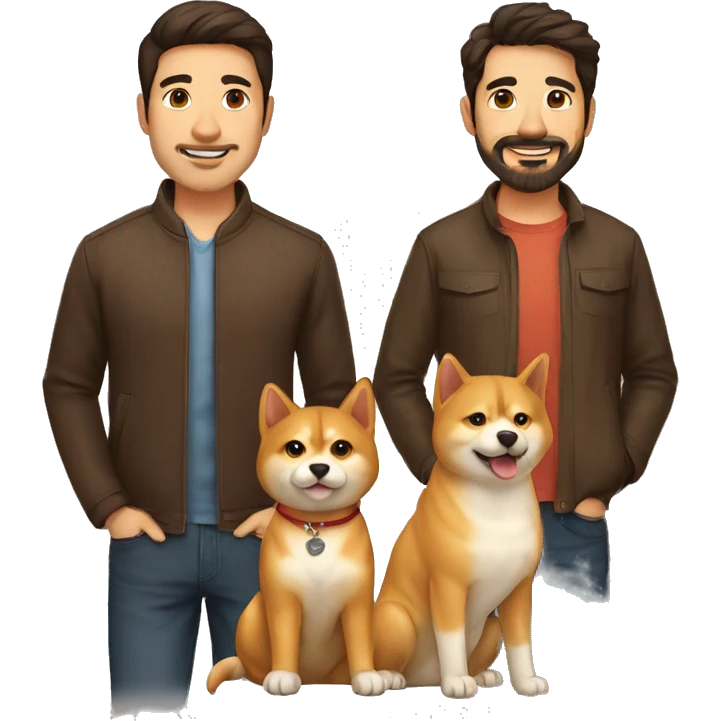 2 men with 1 dog a 2 cats: 1 man spanish brown and 1 man colombian, 2 persian cats and 1 shiba inu dog emoji