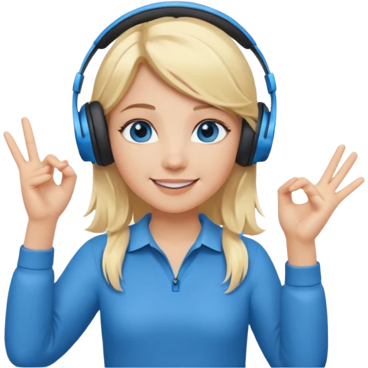 girl with blonde hair and blue eys with heands telling what, having heaphones on head emoji