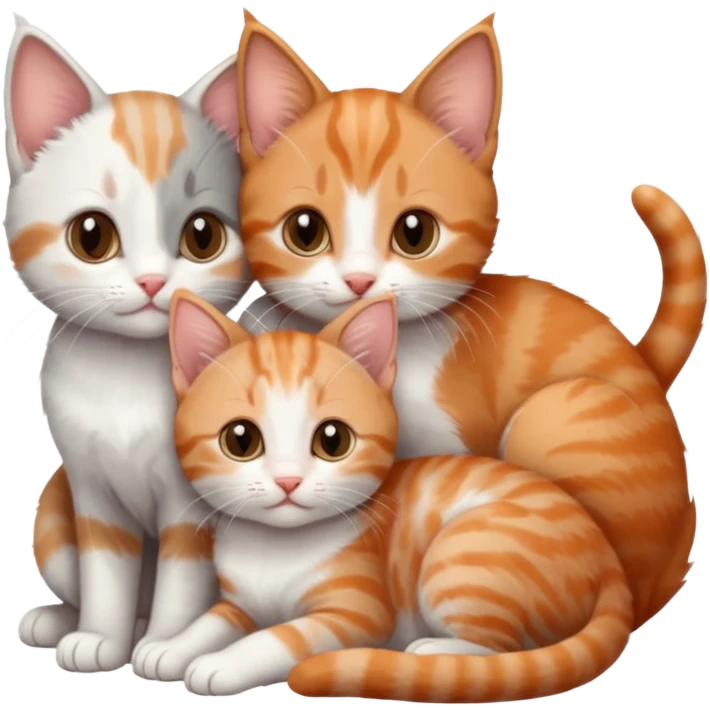 3 tiny kittens cuddling together all different colours, the first one is grey and white, the second is ginger and white and the third is brown tabby and white emoji