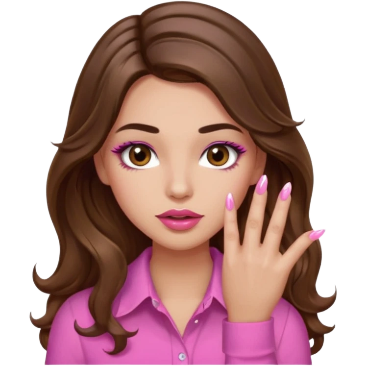 girl with long wavy brown hair, brown eyes, light to medium complexion, in a pink shirt, pink lips, long lashes, puckered lips,  showing  long finger nails emoji