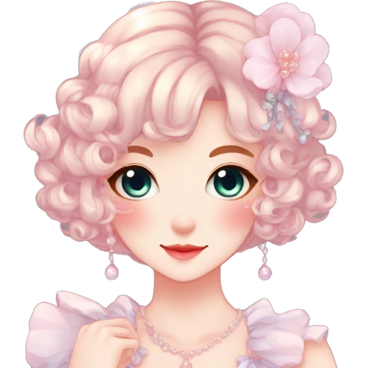 Gorgeous anime style lady with blushing face and accessories cottagecore fairycore Kawaii anime colorful pearly romantic aesthetic trending style emoji