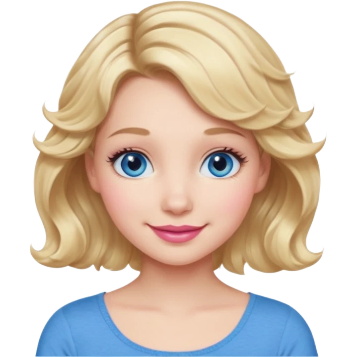 Girl Blonde short wavy hair,  blue eyes, cute blue top, long lashes, pink lips, 👄 smiling  emoji