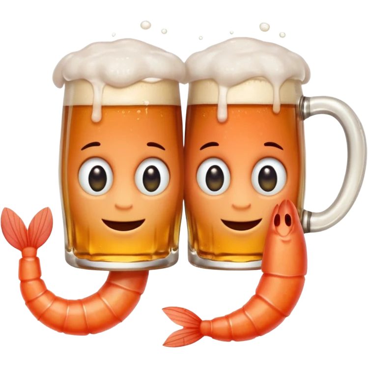 Design a trendy emoji-style illustration of two shrimp peeking from behind text, only half of their bodies visible, curious and playful expressions.
One shrimp holding a beer mug, the other pointing forward.
 emoji
