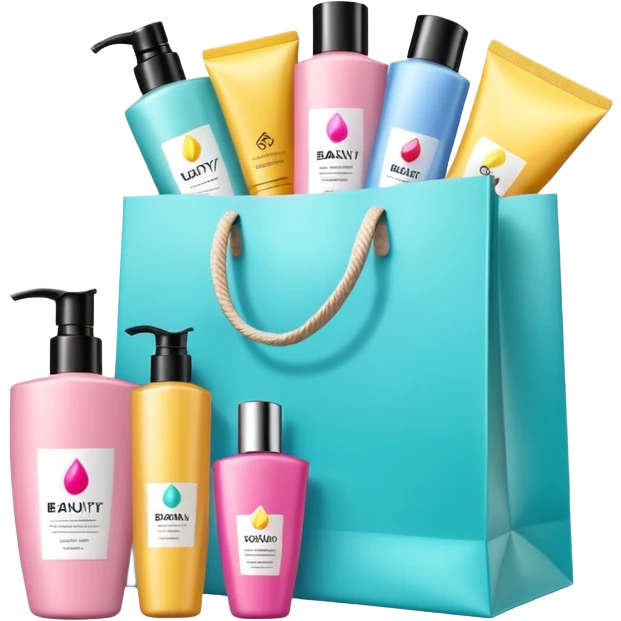 Gift bag with beauty products (shampoo, creams, styling products), a gift bag is beautyful open box with luxury brand-labeled beauty products standing nearby emoji