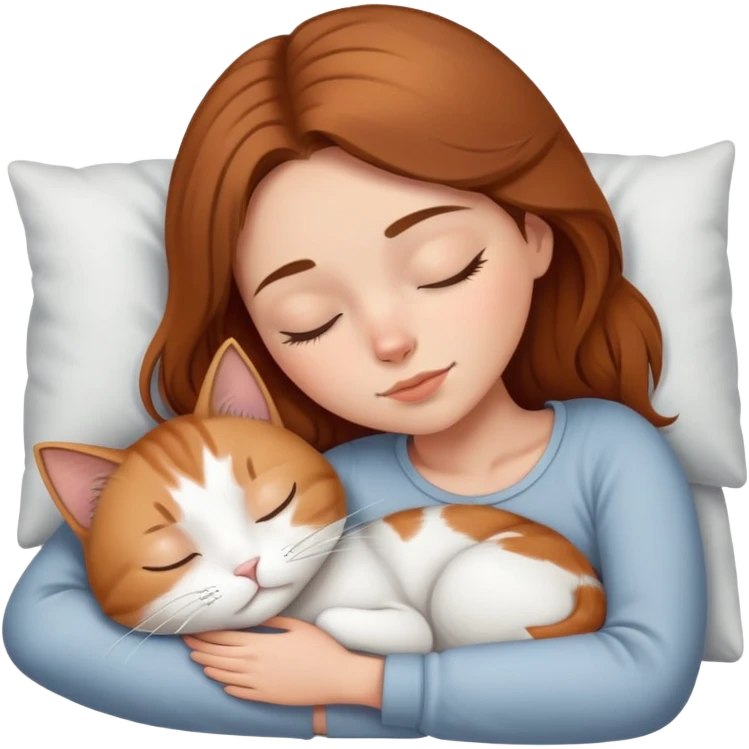 brunette caramel haired girl sleeping with mostly white and light grey cat emoji