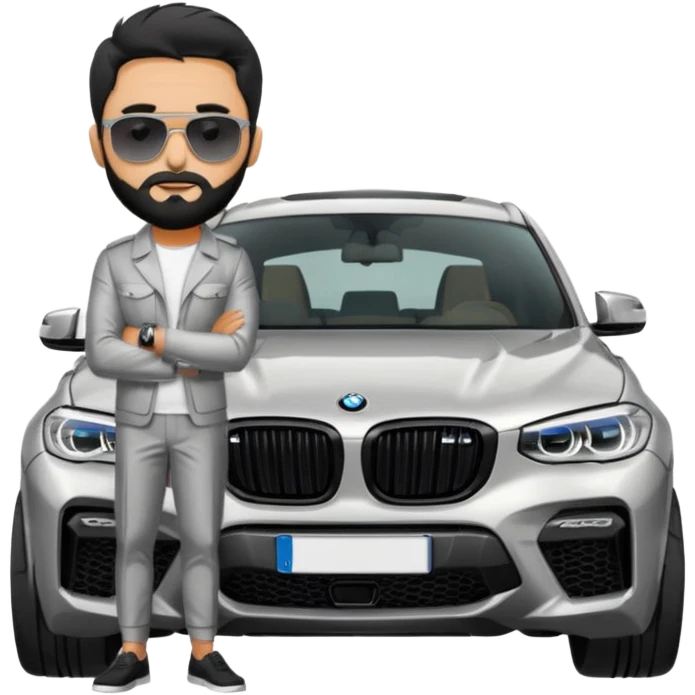 A man with black hair and beard standing next to his silver grey BMW X4 M competition with sunglasses and slick hair emoji