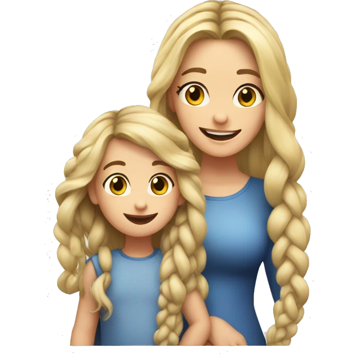 An emoji of a blonde mother with long hair, standing next to her 3-year-old daughter with black braided hair, both smiling emoji