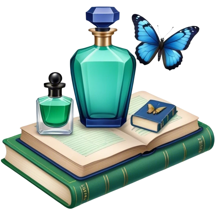 A vintage still-life composition featuring a navy perfume bottle, an old green book, and a blue butterfly. emoji