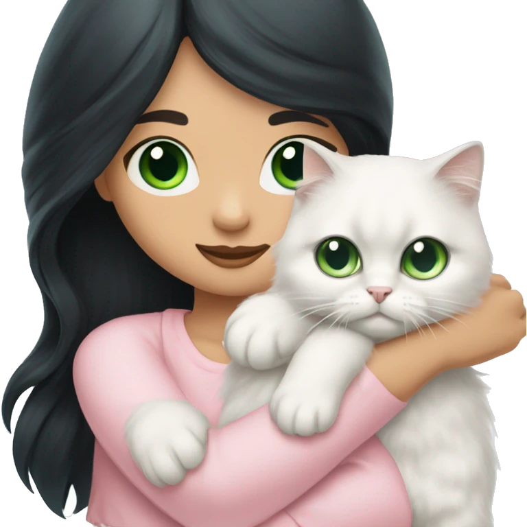 girl with very long black hair and green eyes and light pink outfit hugging a white scottish fold long hair blue eyes cat  emoji