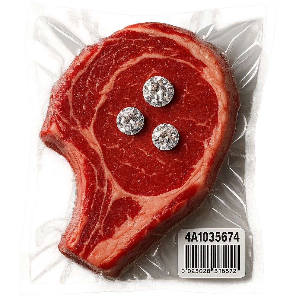 juicy steak with diamonds on top, shiny and inflated, vacuum-sealed style emoji