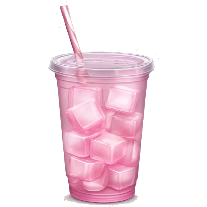 Realistic see through plastic cup and lid with half full Transluscent light pink soda,straw and large ice cubes inside. emoji