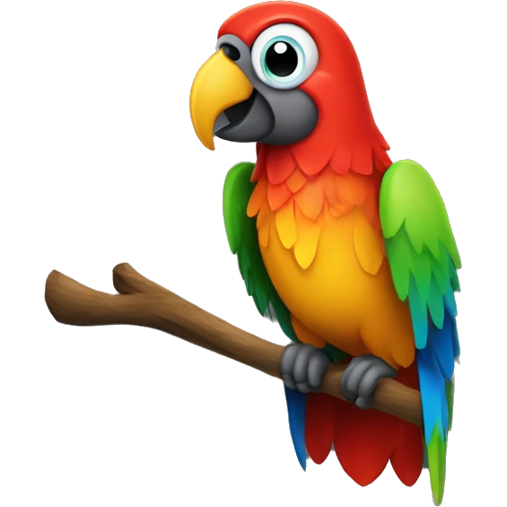The image features a colorful parrot with blue, green, yellow, red, and orange feathers, perched on a wooden stick, against a black background.






 emoji