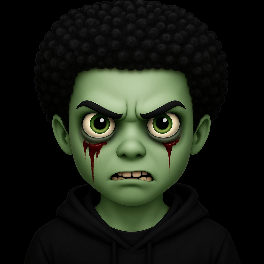 Change the hair to a Black hairstyle with tight curls or afro and add a black hoodie. Keep the boy zombie's green skin, emo vibe, and creepy expression. emoji