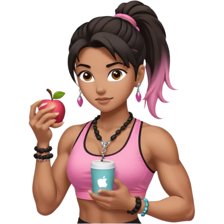 Caramel skinned toned female with a black messy ponytail for hair. Her eyes are a coffee color brown and almond shaped. She’s wearing a pink sports bra and showing off her big muscular toned biceps. She’s not holding anything in her hands but she wears a rosary necklace and an Apple Watch. emoji
