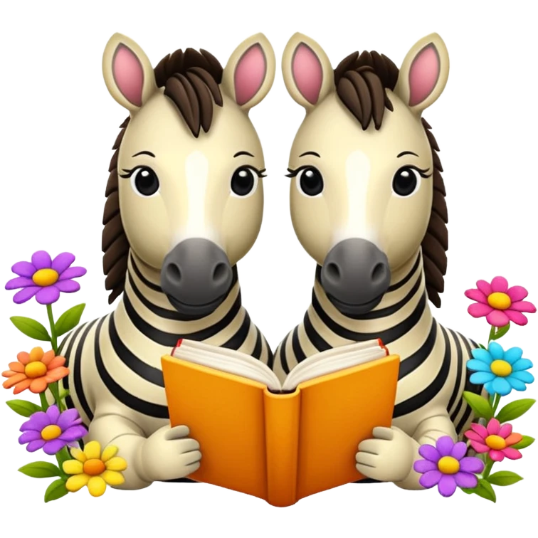 2 Beige Zebras reading books + flowers emoji