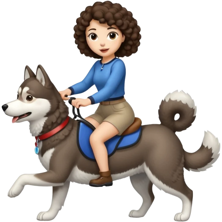 cute woman short tight curly brown hair riding big husky dog emoji