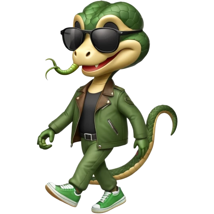 friendly anthropomorphised snake in sunglasses, jacket and sneakers, walking with a smile emoji