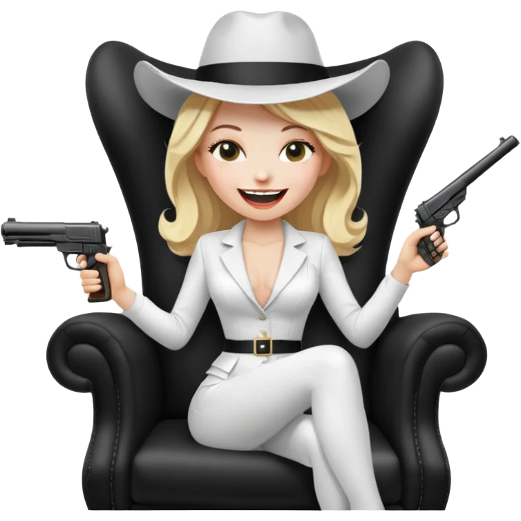 Mafia blondes Laughter woman in hat , gun ,black armchair , white costume  emoji