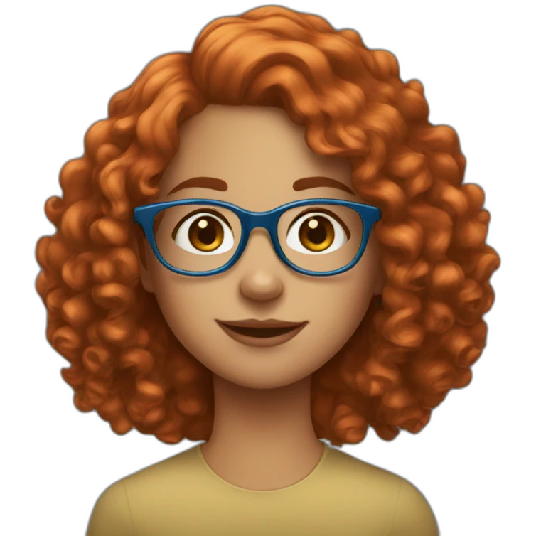 pretty girl with curly copper hair and blue glasses holding a banner emoji