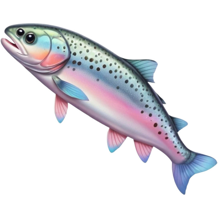 whole fresh trout with slender elongated body, silver-gray skin with dark spots, iridescent scales, soft pink belly, intact fins, clear eyes, slightly open mouth, no plate or extras, soft lighting, subtle shadows, emoji scale emoji