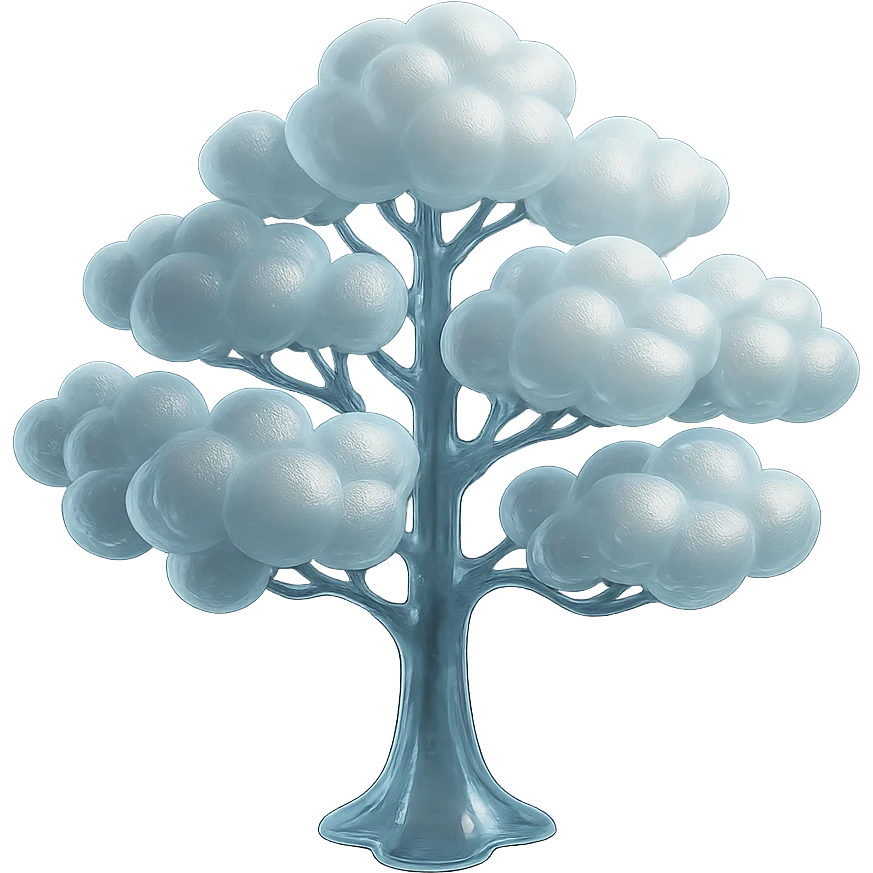 one tree with many branches and a trunk made of small very bright white fluffy convex clouds, matte glass style emoji