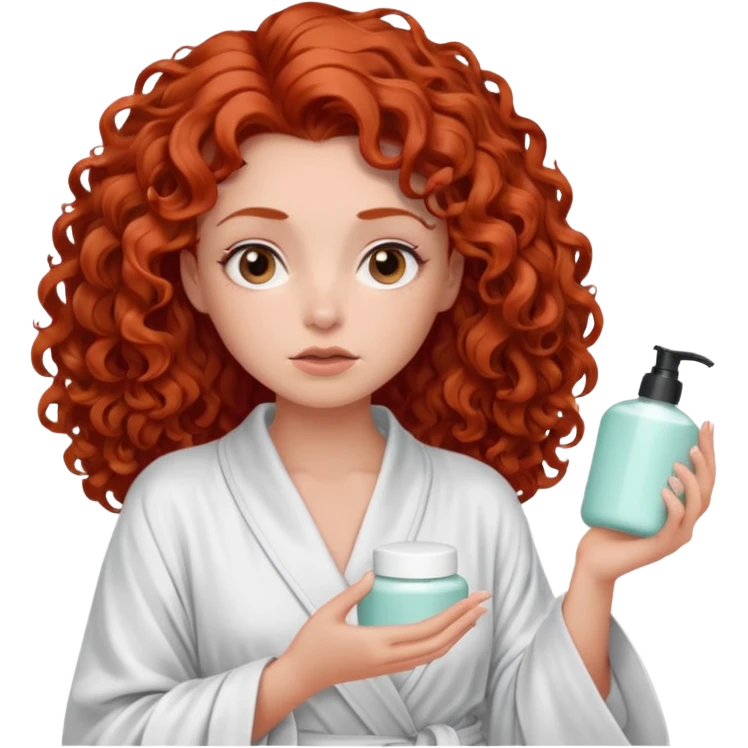 Cartoon emoji of a girl with voluminous curly red hair, fair skin, brown eyes. Wearing a chic milky silk robe with long sleeves, no makeup. Portrait mode, holding 2 moisterizers or different skin care products, looking super doubtful twisted and unsure. she is miserab;e emoji