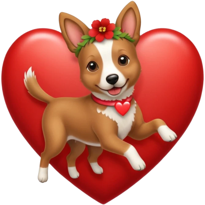 Short-haired Belgian Dog with a flowerband on head is jumping on a heart emoji