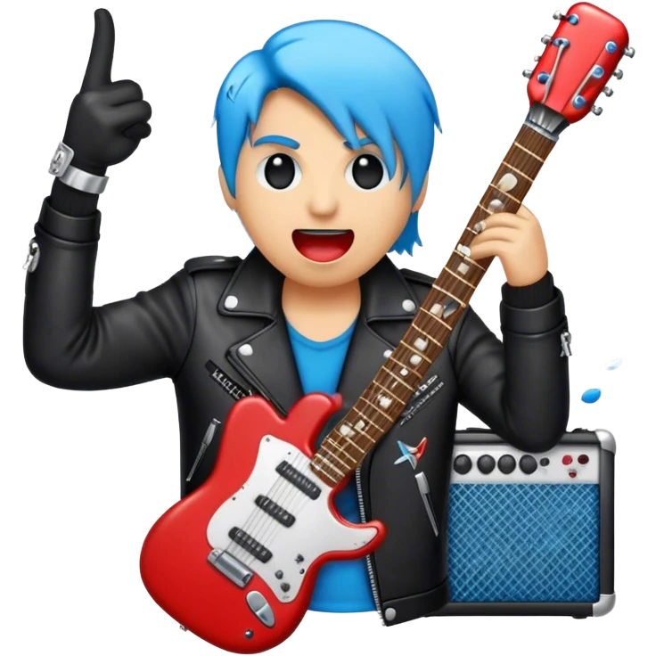 Create a bold and energetic emoji representing rock vocal performance, using a humanless collage. The design should feature a classic vintage microphone as the central element, surrounded by electric guitars, amplifiers, and musical notes that suggest the powerful sound of rock music. Add elements like a leather jacket, electric sparks, and soundwaves to evoke the raw energy and rebellious spirit of rock. Use strong, dynamic colors like black, red, silver, and electric blue to reflect the intensity of rock music. The background should be transparent. emoji