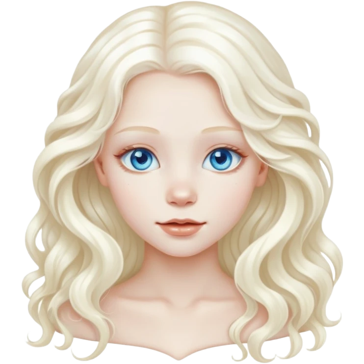 A beautiful albino girl with white long healthy and silky and wavy hair and blue sparkly eyes emoji