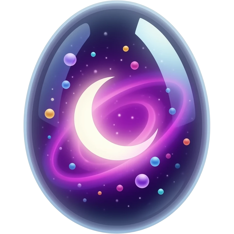 transparent glowing cosmic egg with no visible shell, fully see‑through, containing a swirling purple‑pink nebula and a luminous crecent moon, floating multicolored light orbs inside, isolated object, transparent background emoji